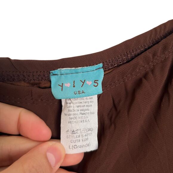 Vintage USA Made Crinkle Pleat Midi Skirt Chocolate Brown Patchwork Print Size L - Picture 3 of 7